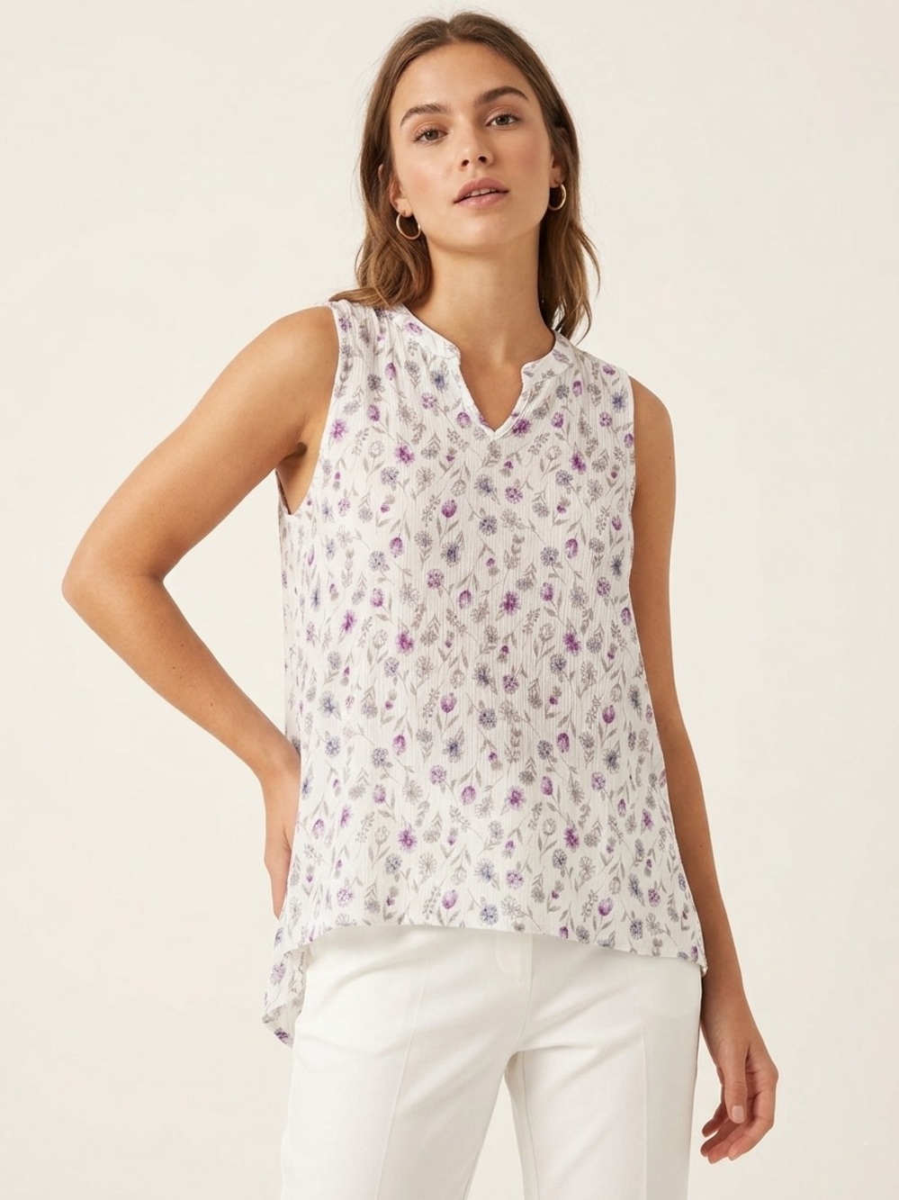 White Floral V-Neck Sleeveless Camisole with Lavender Print
